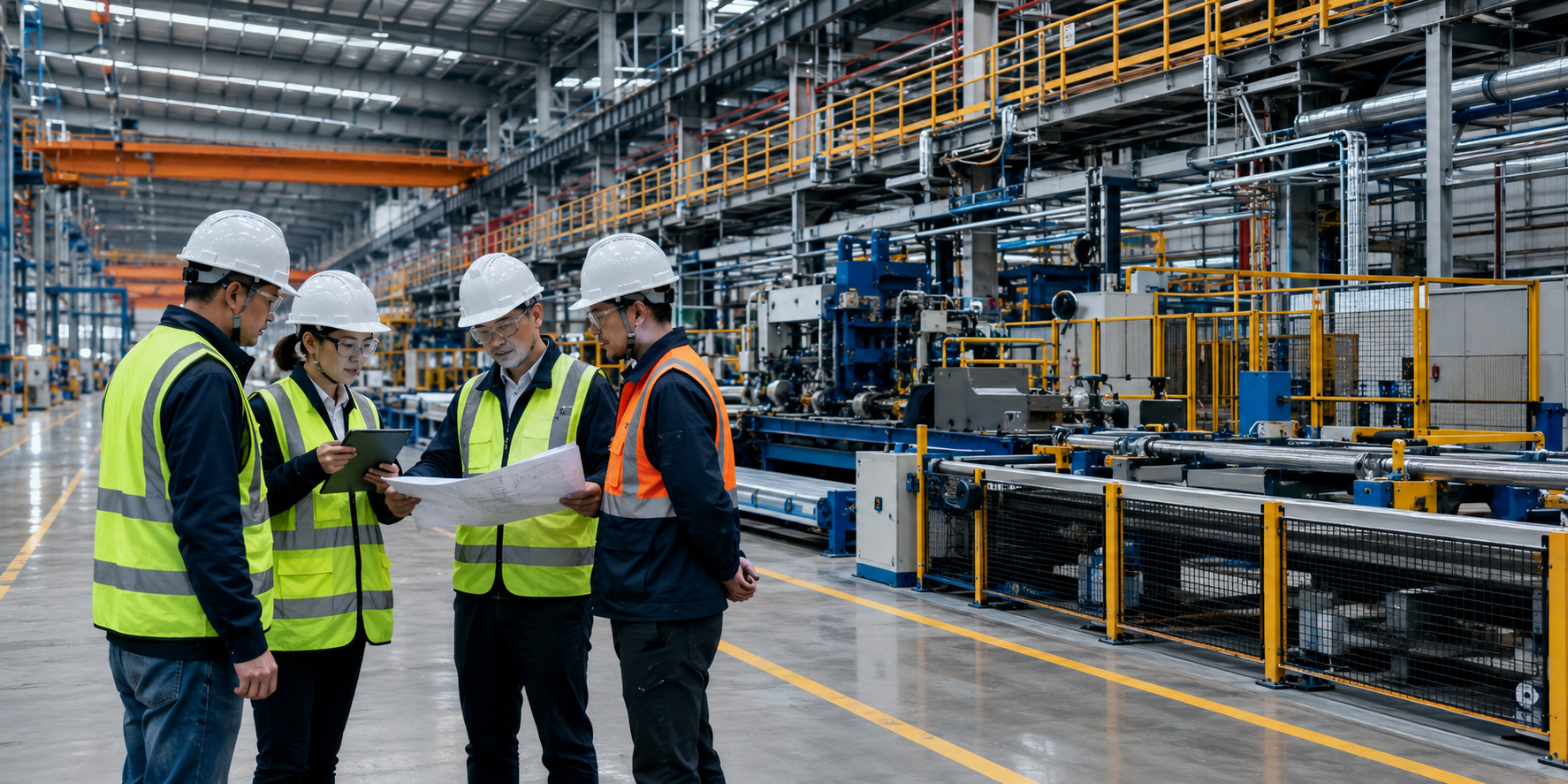 Engineers inspecting a large automated production line