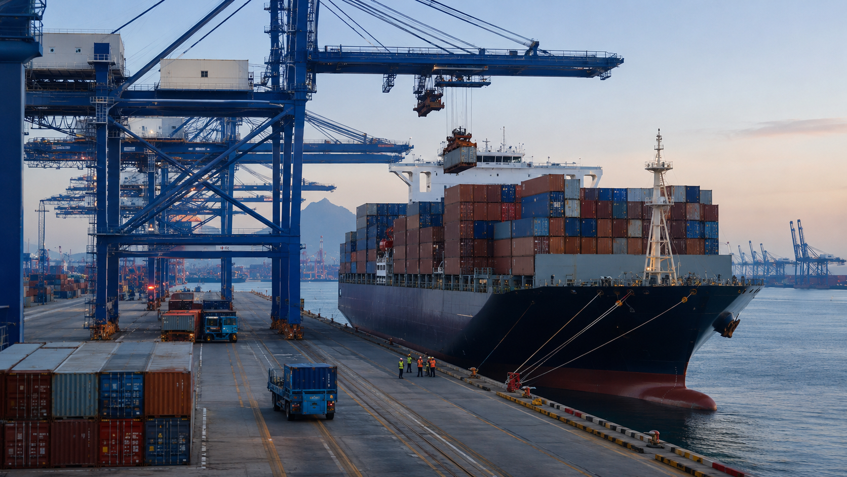 Container vessel and cranes at an international port