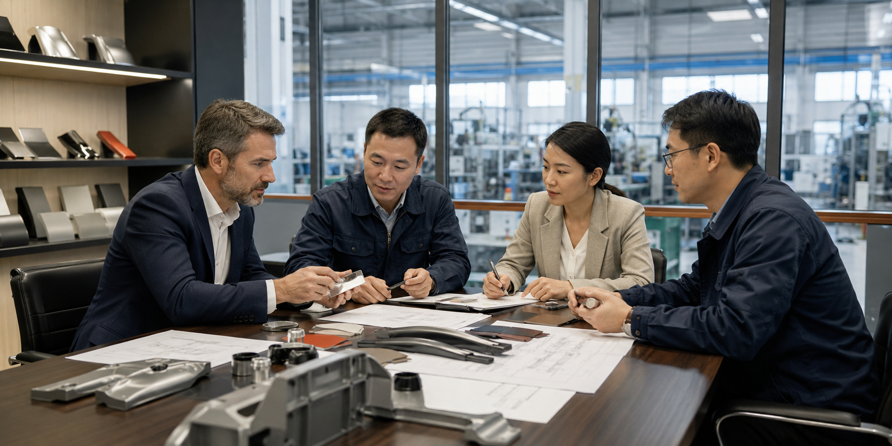 Buyer and supplier team reviewing samples and project documents
